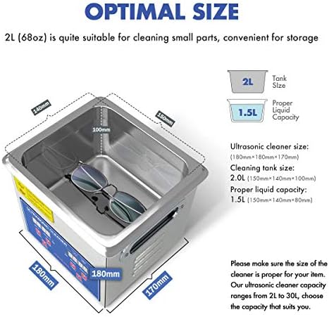 Ultrasonic Cleaner 200W Heated Parts Cleaner 2L (1.5L liquid capacity) for Carburetors Injectors Guns Bullets Brass and Jewelry Professional Ultrasonic Bath DAREFLOW Gifts for Men Upgrade — view 2
