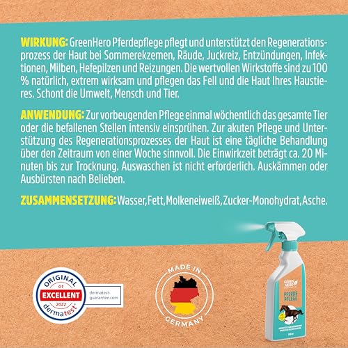 Green Hero Pferdepflege gegen Juckreiz durch Milben & Sommerekzem - 100% natürliches Pflegespray für Pferde - unterstützt den Regenerationsprozess der Haut bei Räude, Hefepilzen & Reizungen, 500 ml