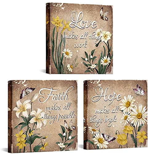 sechars Love Faith Hope Wall Art Canvas Vintage Yellow Flowers