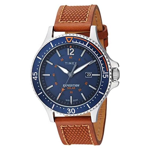 Timex Men's TW4B15000 Expedition Ranger Solar Tan/Blue/Orange Accent Leather Strap Watch