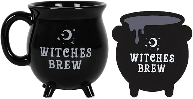 Witches Brew Black Cauldron Mug and Coaster Set Coffee Tea Soup Cup Novelty Ideal Ceramic Mug and Wooden Coaster Witch Gift for Halloween Birthday Anniversary Christmas Black Magic Range of Gothic