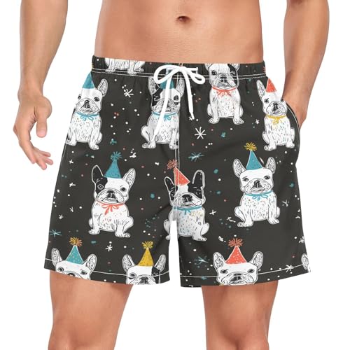 Happy New Year Bulldog Print Men's Swim Trunks with Liner Quick Dry Beach Shorts Swimwear Bathing Suit S-XXL