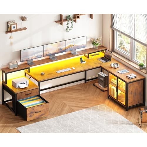 SEDETA 78.7” Large L Shaped Desk with Storage Drawers, Office Desk with File Drawer and Display Cabinet, L Shaped Gaming Desk with Storage, Power Outlet and LED Lights for Home Office, Rusti