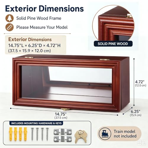Image of Silipull O Scale Train Model Display Case Brown Pine Wood Collector Display Box Tabletop and Wall Mounted Train Shelf with Mounting Hardware Keys for Railway Model Collectors Gifts Wall Decor