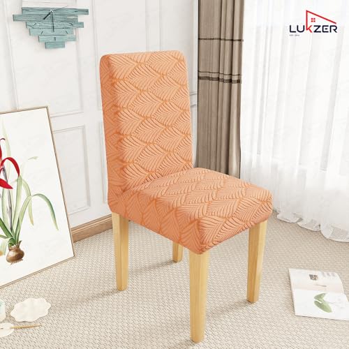 Image of Lukzer Elastic Dining Chair Cover - 1PC Pastel Orange Leaf Trail | Textured High Stretch Jacquard Seat Cover | Removable Washable Short Dining Chair Cover Protector Seat Slipcover | (CC-127-01)