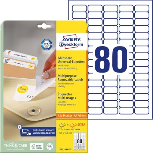 Avery - Etiquetas universales (35,6 x 16,9 mm, para todas las impresoras A4), 2000 unidades, color blanco