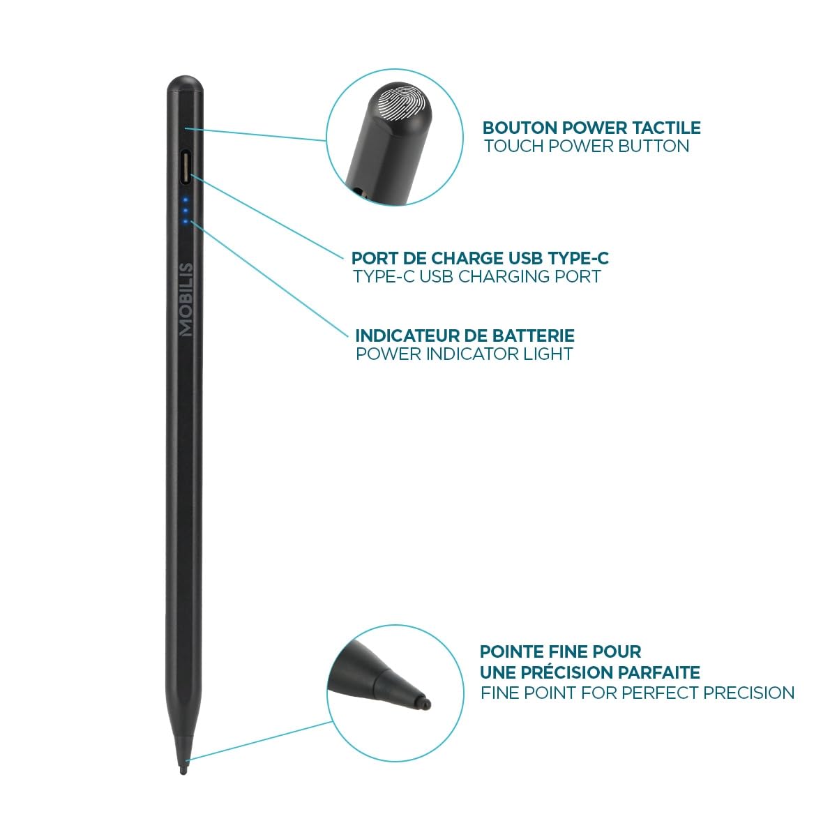Mobilis Universeller aktiver Stift für iPad, Tablet und Mobiltelefon, Touchscreen-Stift, hohe Empfindlichkeit und Präzision, feine Spitze, iOS/Android kompatibel