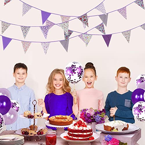 Image of Zwiebeco 39Ft Purple Floral Fabric Bunting Banner Triangle Flag Party Decorations Hanging Cotton Rustic Vintage Flowers Garland Pennant for Wedding Birthday Tea Nursery Home Outdoor Garden Supplies