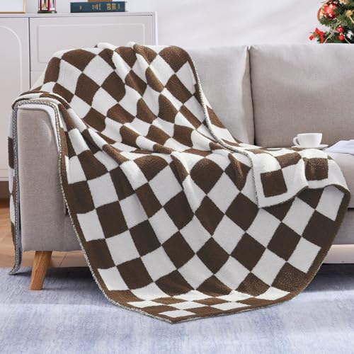 Image of WRENSONGE Checkered Throw Blanket, Coffee Soft Cozy Fluffy Warm Hand Made Throw Blankets for Couch, Sofa, Chair, Bed, Camping, Picnic, Travel Lightweight Bed Blanket - 50"*70"