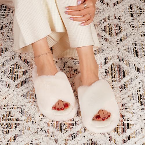 Snug Leaves Women's Fluffy Cross Band Open Toe Slippers with Indoor Outdoor Non Slip Sole2