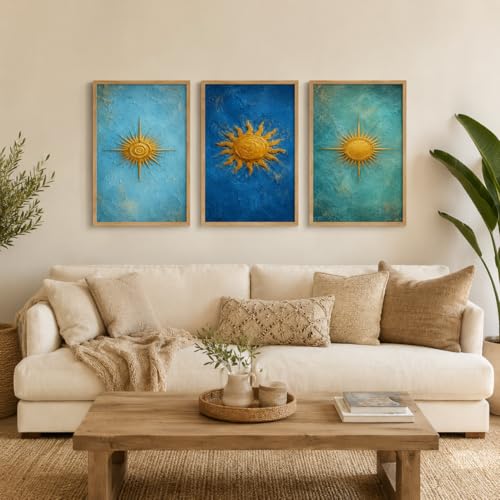 Image of Livin'luxe Set of 3 Golden Sun Abstract Wall Paintings for Living Room Bedroom Hallway Home Decor with Premium Wooden Color Synthetic Frame (25.5 x 19.5 Inch) NM03-71