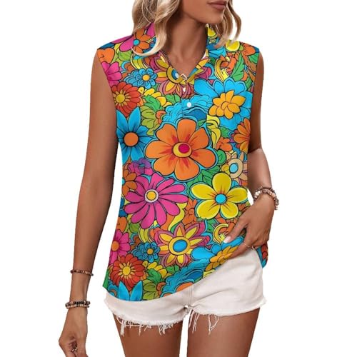 Womens Sleeveless Golf Shirt Moisture Wicking Athletic Golf Tank Top Hippie Flower Printed Polo Tennis Shirts