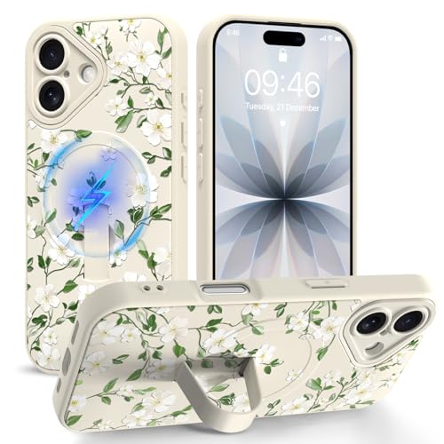 Coque antichoc iPhone 17 anti-chute avec sangle et support magnétique fleurs
