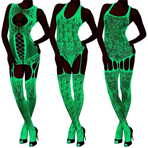 Hercicy 3 Pcs Glow in the Dark Fishnet Stockings Luminous Bodysuit Leggings Glowing Fishnet Socks for Women Glowing Party(Stylish Style)