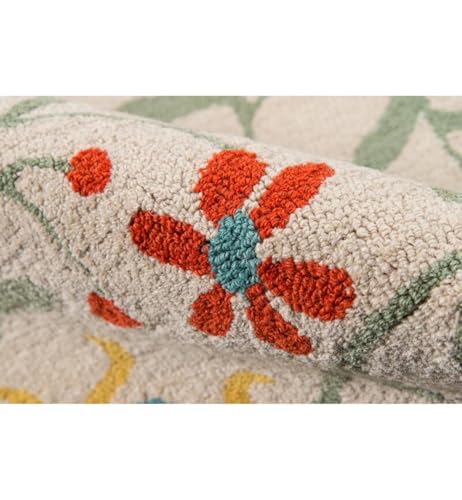 Image of Floral Pattern Wool Carpet with Loop Texture Yarn Anti Shedding Carpet Size 10x14 Feet A3 Ivory & Multi