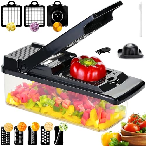 Cortador de Verdura 16 en 1, Mandolina de Cocina Profesional, Picador de Verduras con 7 Cuchillas de Acero Inoxidable, Picadora Manual Rallador de Verduras para Patatas,Cebolla,Tomates,Ajo (Negro)