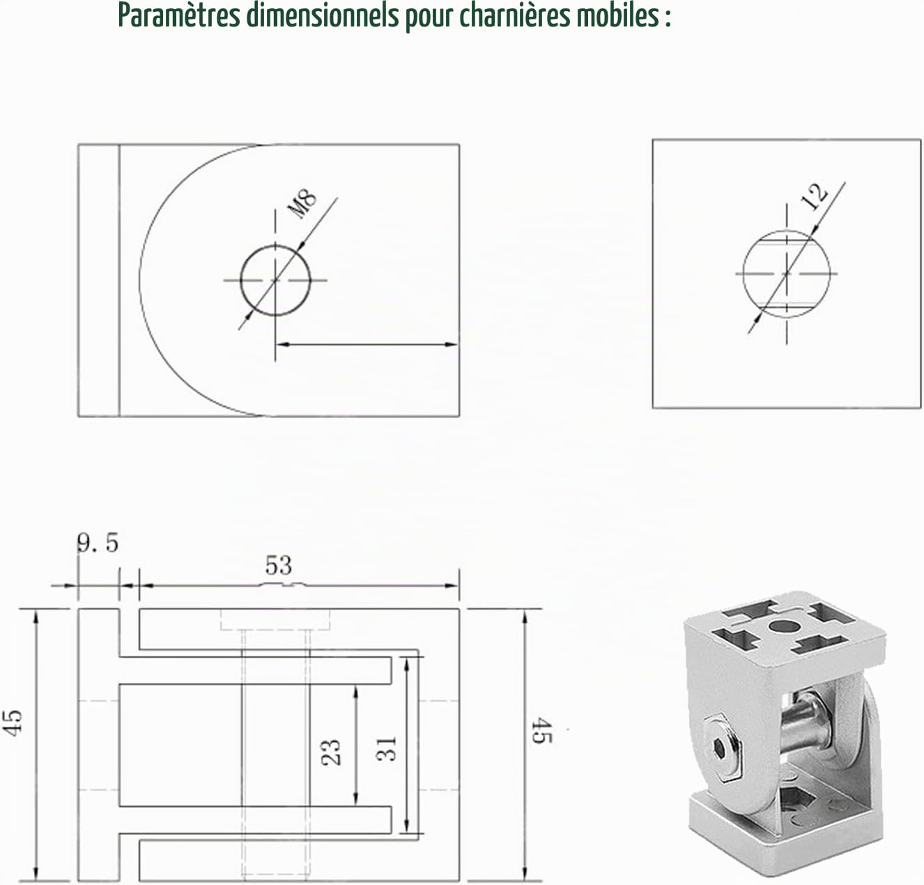 Connecteur Profilé Aluminium, 8 Pièces 180° Angle Réglable Articulé pour 30x30
