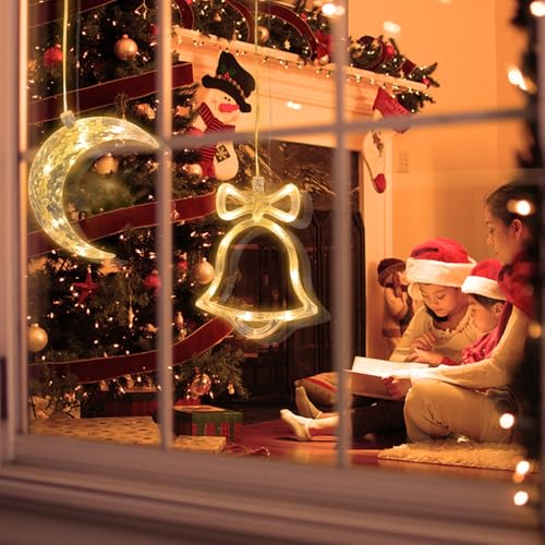 Jsdoin LED Christmas Window Light Moon and Bell, Twinkle Christmas Curtain Light with Timer, Hanging Lights for Party Shop Window Xmas Decoration, Outdoor Indoor, Battery Powered(Warm Light) - Image 4