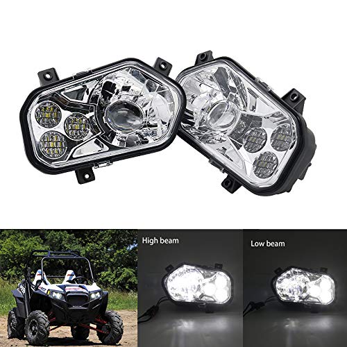 SOYAVISION 2Pcs Chrome LED Headlight Kit High Low Beam for Polaris Sportsman Ranger RZR 570 800 900 ATV Off Road Headlamps