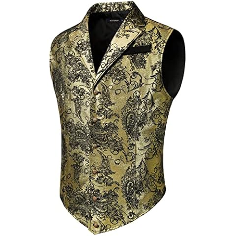HISDERN Men's Paisley Waistcoat Gold Printed Gothic Steampunk Vintage Lapel Waistcoat Shiny Wedding Party Vest for Suit or Tuxedo Cover