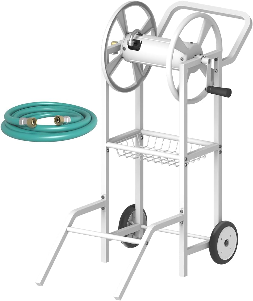 Hose Reel Cart with 2 Wheels, Garden Water Hose Holder Heavy Duty Powder Coated Steel Outdoor Winder Storage Holds 125 ft 5/8" Hoses with Basket and 3.9ft Leader Hose for Backyard, White