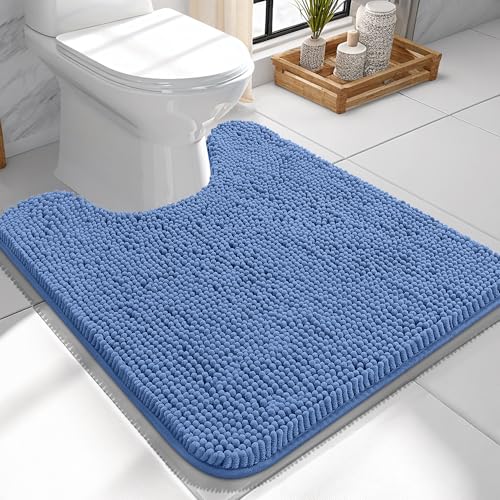 Image of OLANLY Toilet Rugs U-Shaped 24x24, Extra Soft Absorbent Chenille Contour Bathroom Rugs for Toilet, Dry Quickly, Machine Washable, Non-Slip Bath Mat, Cornflower Blue