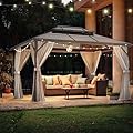 VINGLI 10’ x 13’ Hardtop Gazebo, Aluminum Frame Outdoor Gazebo with Polycarbonate Double Roof Canopy Permanent Pavilion with Curtains and Netting Patio Gazebo Pergola