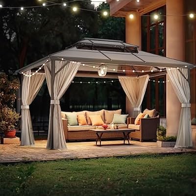 VINGLI 10’ x 13’ Hardtop Gazebo, Aluminum Frame Outdoor Gazebo with Polycarbonate Double Roof Canopy Permanent Pavilion with Curtains and Netting Patio Gazebo Pergola