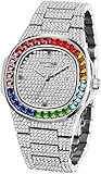 Luxury Bling Colorful Full Diamond Watches Fashion Quartz Analog Stainless Steel Band Bracelet Wrist Watch (Silver)