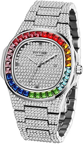 Luxury Bling Colorful Full Diamond Watches Fashion Quartz Analog Stainless Steel Band Bracelet Wrist Watch (Silver)