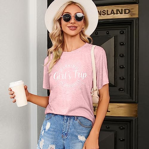 Image of Women's Casual Warning Girls Trip in Progress T-Shirt Casual Crewneck Short Sleeve Graphic Tee
