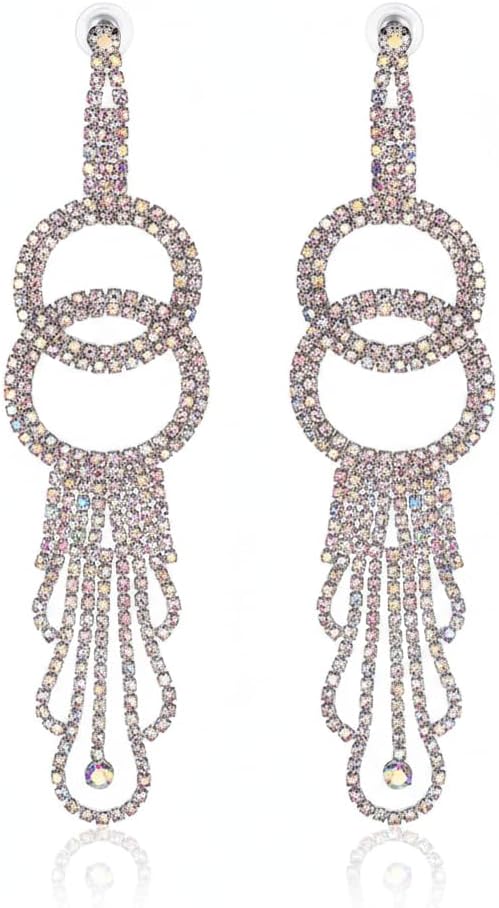 Luxury crystal pendant earrings, rhinestone tassel dangling fashion earrings, colorful long tassel women's fashion accessories