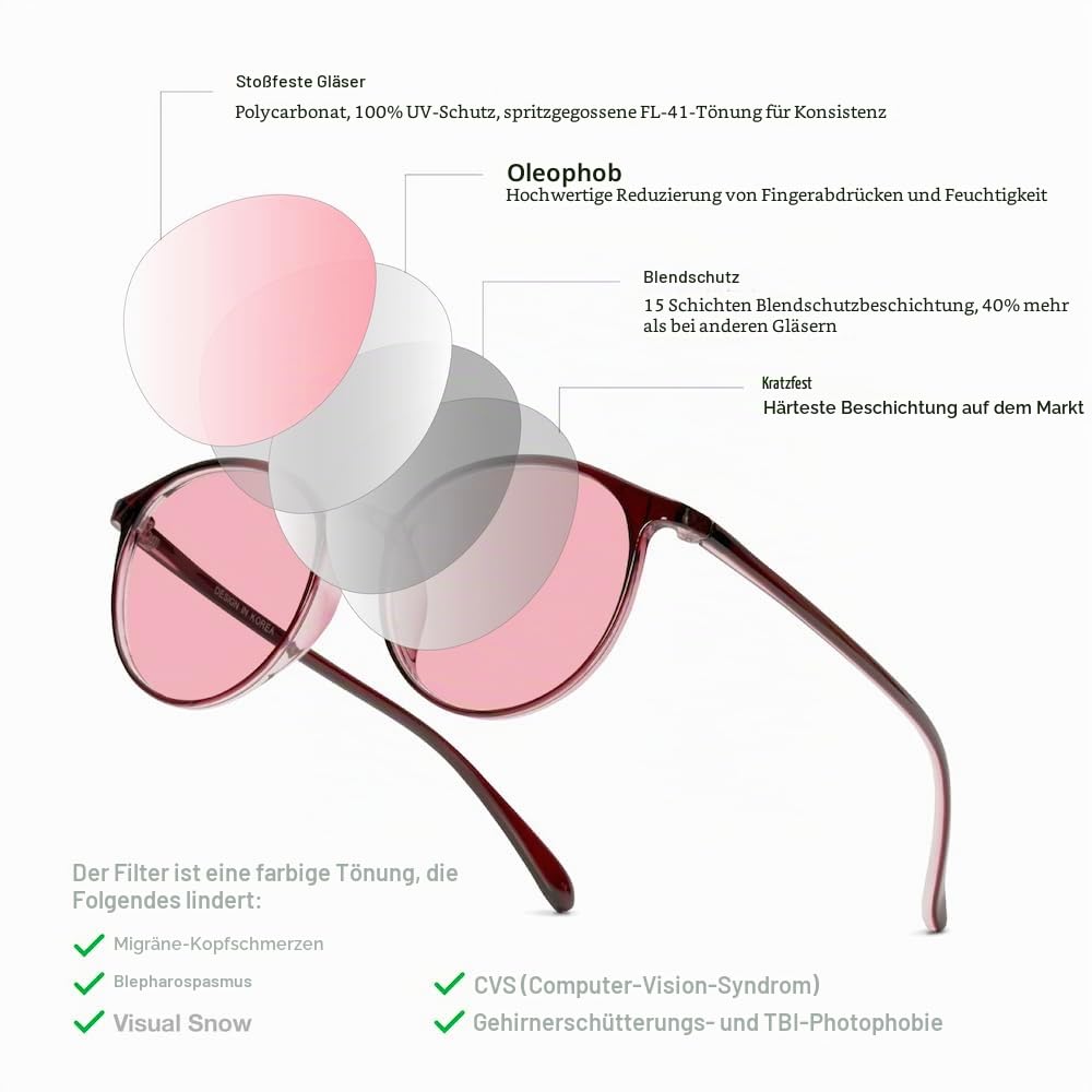 BRADDELL OPTICS Migräne Blaufilterbrille FL-41 Rosa & FL-60 Braun bei Photophobie, LED-Beleuchtung und Computerbildschirmen