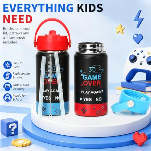 Image of Kids Insulated Water Bottle with Straw Lid, 14oz Double Wall Vacuum Stainless Steel Tumbler, Leak Proof Reusable Metal School Cup for Boys Girls, Keep Cold 24H Hot 12H (Blue-Red-GAME(Pack 2))