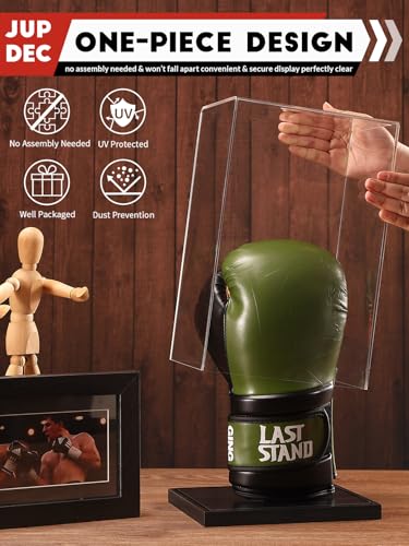Image of JupDec Boxing Glove Display Case, Clear Acrylic Showcase with Wood Base & Plank for Single Glove, Full Size UV Protection Souvenirs and Collectibles Box, Ideal Gift for Boxing Fans, Black