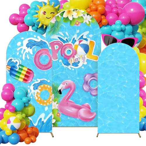 3 Pcs Pool Party Arch Backdrop Stand Cover 4ft, 5ft, 6ft Summer Pool Hawaiian Theme Arch Cover Spandex Fitted Fabric Double-Sided Photo Background Props for Swimming Beach Birthday Party Decoration