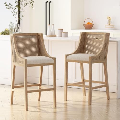 Butacos GDFStudio, Set de 2, Estilo Rústico Country, con Tapizado y Espaldar de Caña, Brazos y Patas de Madera, para Isla de Cocina, Altura 30 pulgadas, Color Beige + Natural miniatura 1