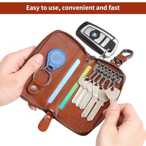 Leather Key Holder Case - Zippered Key Organizer Wallet, Cash Leather Case Wallet with 6 Hooks,1 Removable key ring& 1 Keychain for Card - Gift for Men Women (Brown)3