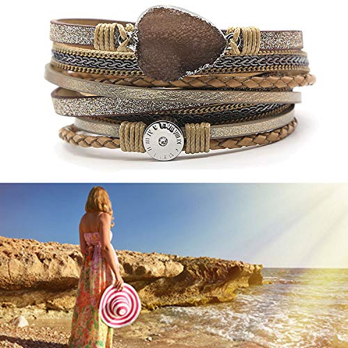 Bobauna Multi-Layer Leather Wrap Bracelet Natural Stone Druzy Multi Rope Cuff Bangle Magnetic Clasp Handmade Jewelry Women Girl (Leather Wrap Brown) #TOP6