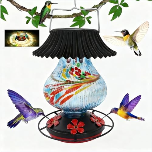 ARAGIT Solar Glass Hummingbird Feeder for Outdoors- 26 fl.oz Best Hummingbird Feeders with Ant Moat & Perch - 5 Feeding Ports - Wasp Leak Proof- Hand Blown Glass Color Changing Glowing in Dusk