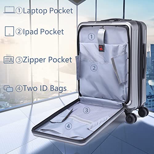 Tydeckare 20 Inch Luggage Carry On With Front Laptop Compartment, 22X14.6X10In, 45L, Lightweight Abs+Pc Hardshell Suitcase With Tsa Lock, Ykk Zipper & 4 Spinner Silent Wheels, Gray #TOP1