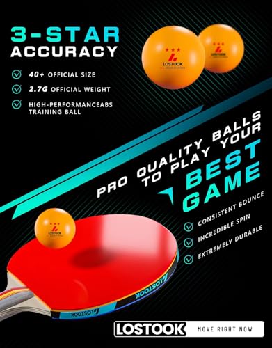 Lostook Professional Ping Pong Paddles Set of 2 with Table Tennis Rackets and 3 Star Balls, Portable Ping Pong Table Net with Clamps for Any Table, Home/Outdoor Games Gray Color - Thumbnail 3