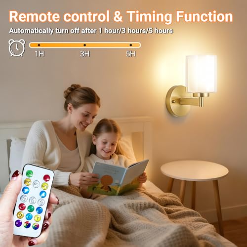 Image of Nekhung Battery Operated Wall Sconce Set of 2, Wireless Wall Sconce with Remote,10000mAh Rechargeable RGB Dimmable Bathroom Light Fixtures with Double Clear Glass Shade NOT Hardwired