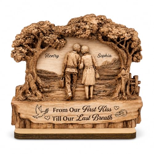 Personalized Anniversary Wooden Plaque for Couples, Custom Name 2 Layer Wooden Sign, Romantic Wedding Keepsake for Husband Wife, First Kiss Till Last Breath Keepsake Decor
