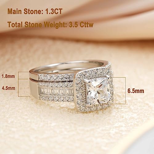 Womens Princess Cut Bridal Ring Sets 925 Sterling Silver CZ Halo Wedding Rings Set for Her Engagement Promise Rings Band Cubic Zirconia for Women Size 5-102