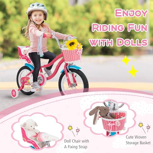 Image of BABY JOY Girls Bike with Streamers & Doll-Seat, Kids Bike for 3-8 Years Old | 12 14 16 18 20 Inch Children Bicycle w /Detachable Training Wheels or Kickstand, Storage Basket, Adjustable Seat and Handlebar