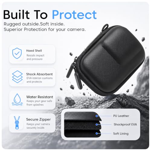 Image of Sounce Hard Carrying Case for DJI Osmo Action 5 Pro /4 /3, Waterproof PU Shell with Plush Lining, Shockproof Travel Storage Bag & Carabiner for Action Camera, 9.8 x 7.6 x 4.5cm (Black)