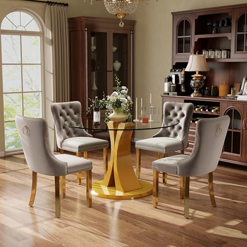 Image of 5-Piece Dining Table Set with 39In Tempered Glass Table and 4 Velvet Upholstered Chairs, Modern Scandinavian Furniture for Dining Room Kitchen(Gray&Gold)