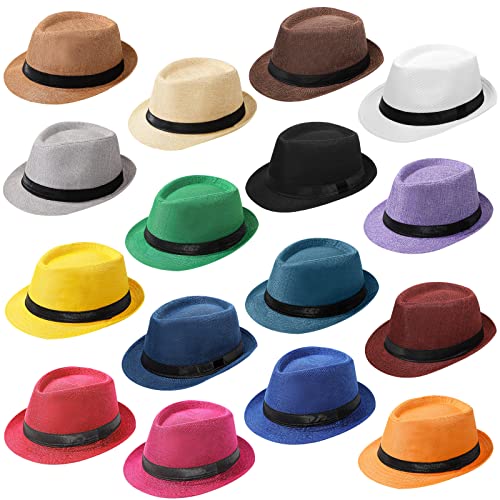 Image of Lasnten 16 Pcs Fedora Style Hat Bulk Men 1920s Gangster Short Brim Panama Cap Women Party Costume, Circumference 60 cm(Multicolor)