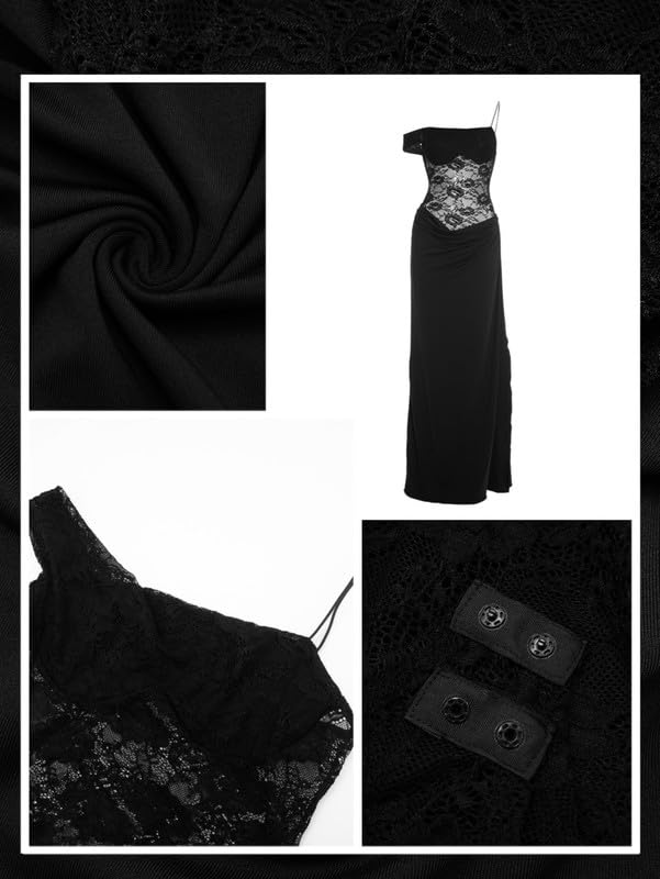 Vestido Mujer de Un Hombro con Encaje Transparente Elegante Maxi Vestidos de Fiesta Sexy Vestido Largo sin Mangas con Tirantes Finos y Abertura Alta Ajustado Vestidos para Bodas Cóctel Club